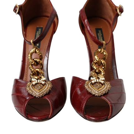 Dark Red Leather Gold Devotion Heart Sandals Shoes