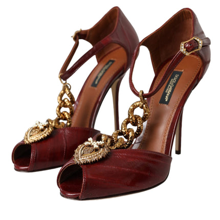 Dark Red Leather Gold Devotion Heart Sandals Shoes