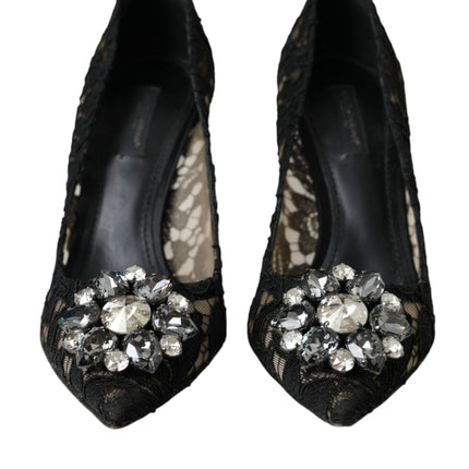 Black Taormina Lace Crystal Heel Pumps Shoes