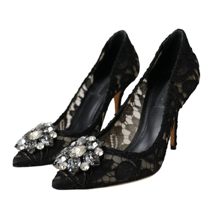 Black Taormina Lace Crystal Heel Pumps Shoes