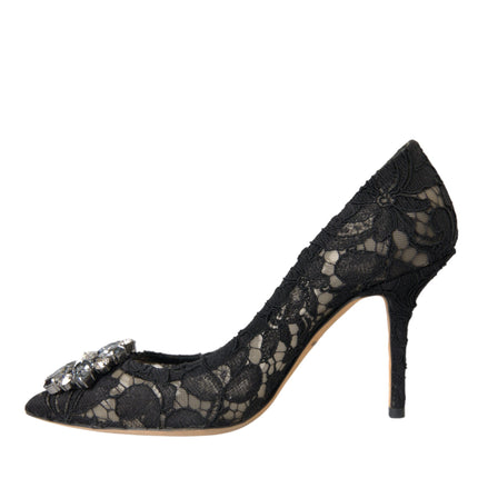 Black Taormina Lace Crystal Heel Pumps Shoes