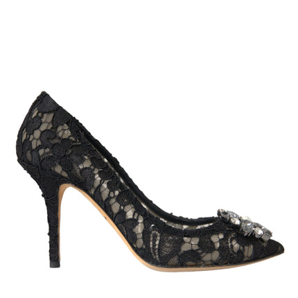 Black Taormina Lace Crystal Heel Pumps Shoes