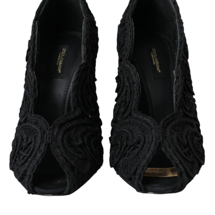 Black Cordonetto Ricamo Pump Open Toe Shoes