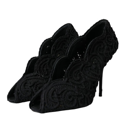 Black Cordonetto Ricamo Pump Open Toe Shoes