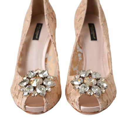 Beige Taormina Lace Crystal Heels Pumps Shoes