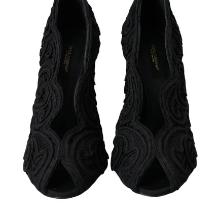 Black Cordonetto Ricamo Pump Open Toe Shoes