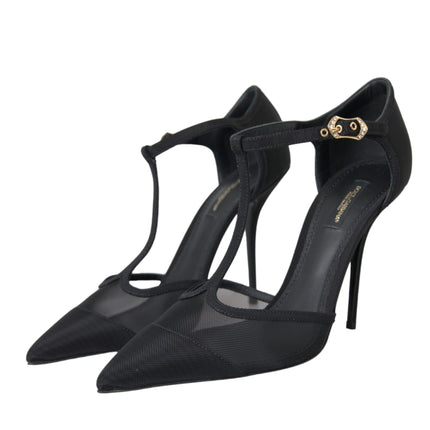 Black Mesh T-strap Stiletto Heel Pumps Shoes