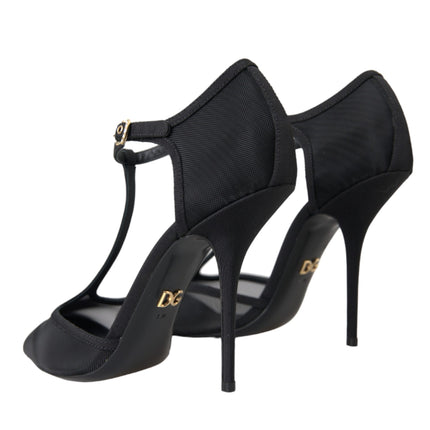 Black Mesh T-strap Stiletto Heel Pumps Shoes