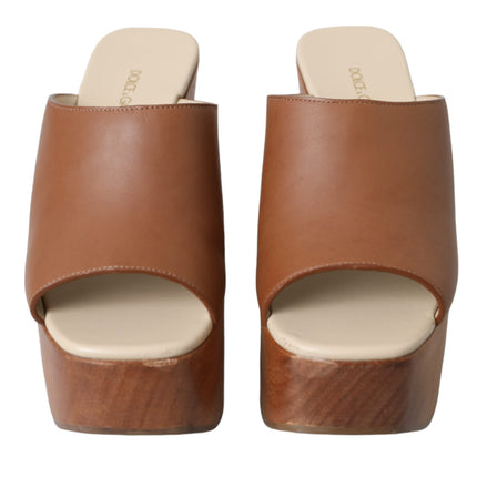 Brown Leather Wood Mules Wedge Slides Shoes