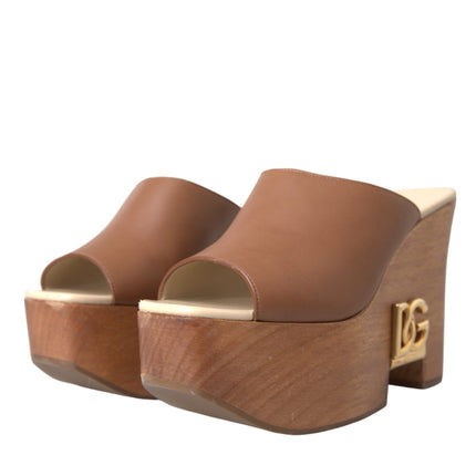 Brown Leather Wood Mules Wedge Slides Shoes