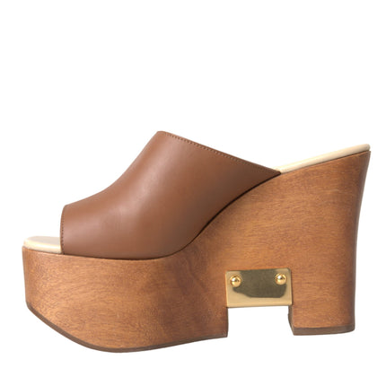 Brown Leather Wood Mules Wedge Slides Shoes