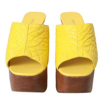 Yellow Leather Wood Mule Wedge Slides Shoes