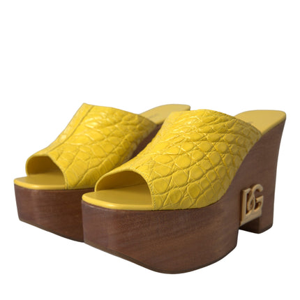 Yellow Leather Wood Mule Wedge Slides Shoes