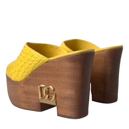 Yellow Leather Wood Mule Wedge Slides Shoes