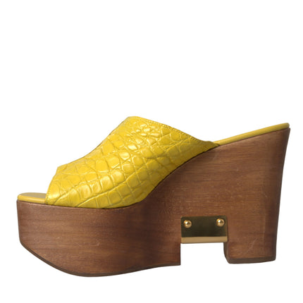 Yellow Leather Wood Mule Wedge Slides Shoes