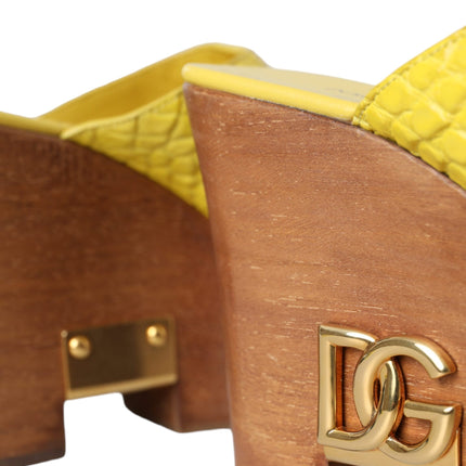 Yellow Leather Wood Mule Wedge Slides Shoes