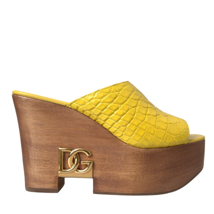 Yellow Leather Wood Mule Wedge Slides Shoes