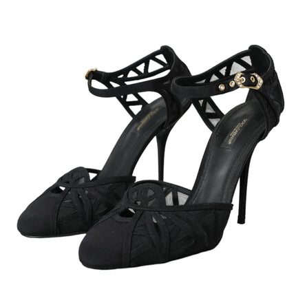 Black Mesh Ankle Strap Heels Sandals Shoes