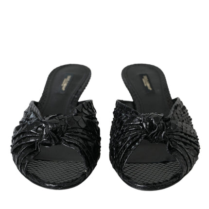 Black Exotic Leather Heels Slides Shoes