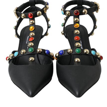 Black Leather Embellished Heels Sandal Shoes