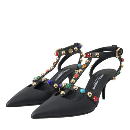 Black Leather Embellished Heels Sandal Shoes