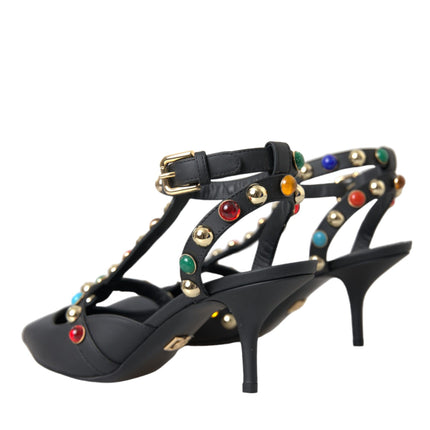 Black Leather Embellished Heels Sandal Shoes