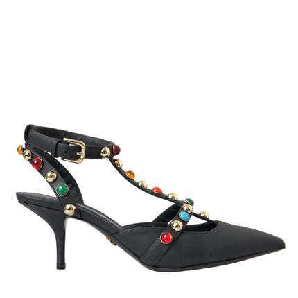 Black Leather Embellished Heels Sandal Shoes