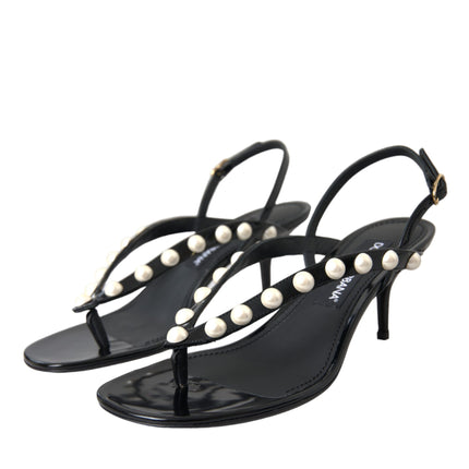 Black Leather Faux Pearl Heel Sandals Shoes