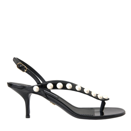 Black Leather Faux Pearl Heel Sandals Shoes