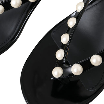 Black Leather Faux Pearl Heel Sandals Shoes