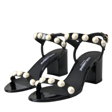 Black Leather Faux Pearl Heel Sandals Shoes