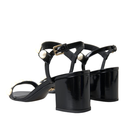 Black Leather Faux Pearl Heel Sandals Shoes