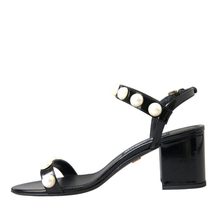 Black Leather Faux Pearl Heel Sandals Shoes