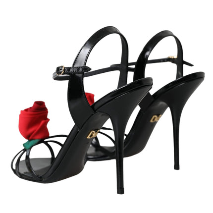 Black Leather Rose Ankle Strap Heels Sandals Shoes