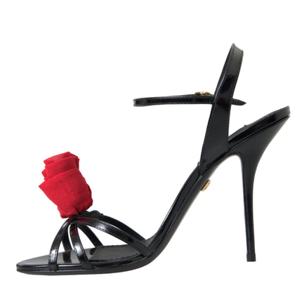 Black Leather Rose Ankle Strap Heels Sandals Shoes