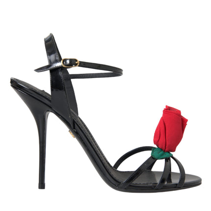 Black Leather Rose Ankle Strap Heels Sandals Shoes