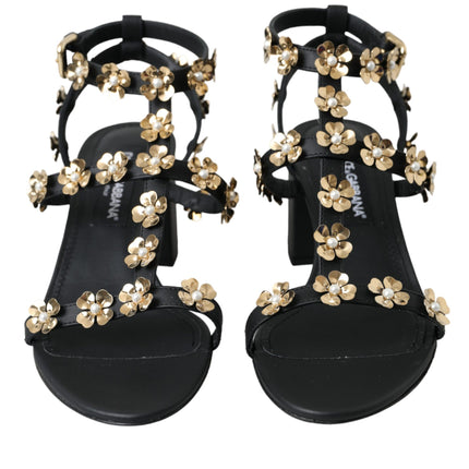 Black Leather Embellished Heel Sandal Shoes