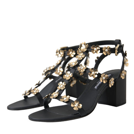 Black Leather Embellished Heel Sandal Shoes