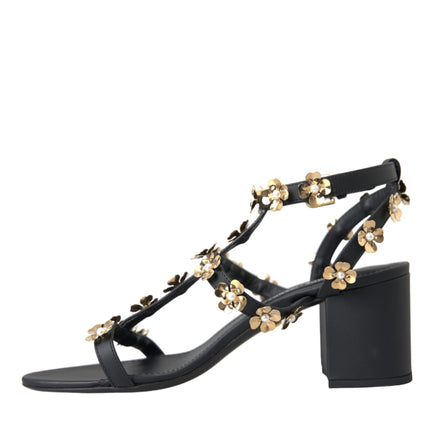 Black Leather Embellished Heel Sandal Shoes