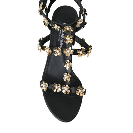 Black Leather Embellished Heel Sandal Shoes