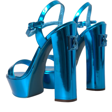 Metallic Blue Leather Platform Sandals Shoes