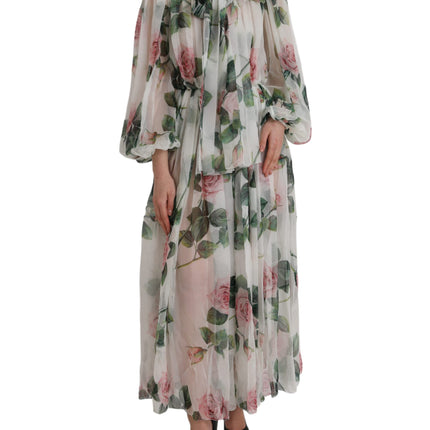 White Silk Floral Print Long Maxi Dress