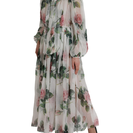 White Silk Floral Print Long Maxi Dress