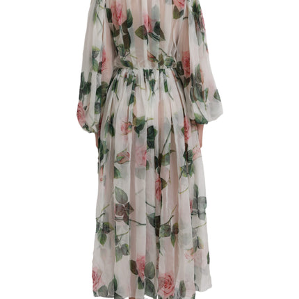 White Silk Floral Print Long Maxi Dress