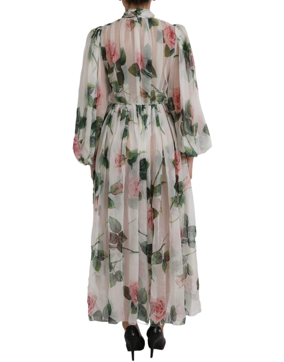 White Silk Floral Print Long Maxi Dress