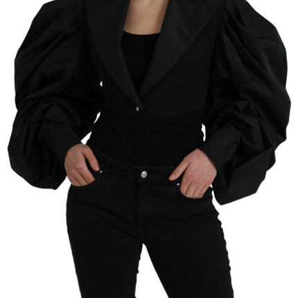 Black Polyester Puffed Sleeves Cropped Jacket