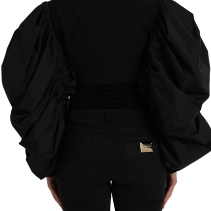 Black Polyester Puffed Sleeves Cropped Jacket