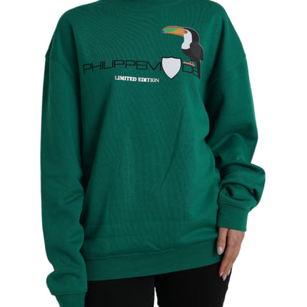 Green Cotton Logo Print Long Sleeves Pullover Sweater