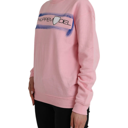 Pink Cotton Logo Print Long Sleeves Pullover Sweater