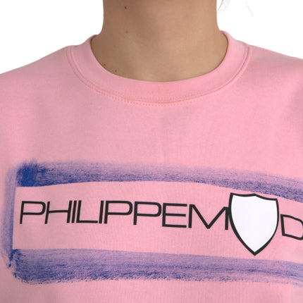 Pink Cotton Logo Print Long Sleeves Pullover Sweater